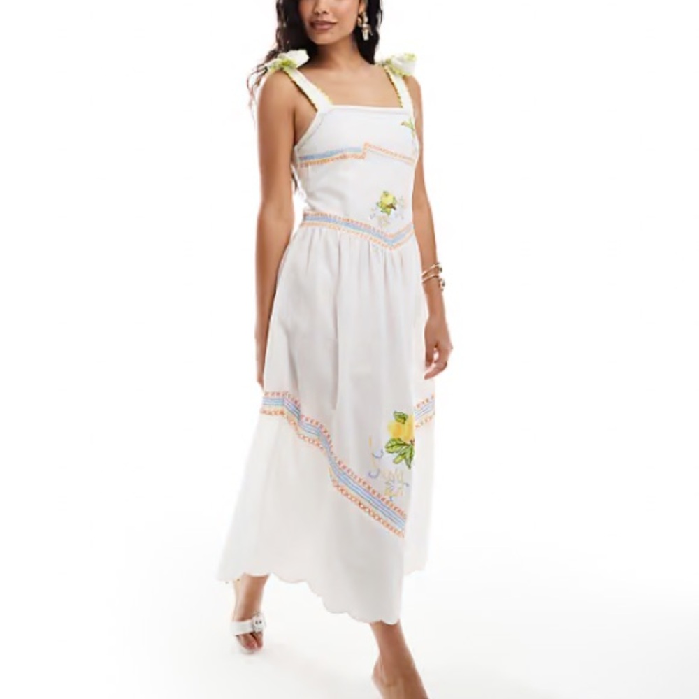 Never Fully Dressed White Midi Dress with Yellow Floral Accents